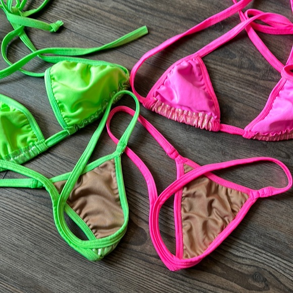 Lot of 2 pink green metallic pearl bikinis stripper new bikini one size dancer - Picture 3 of 4
